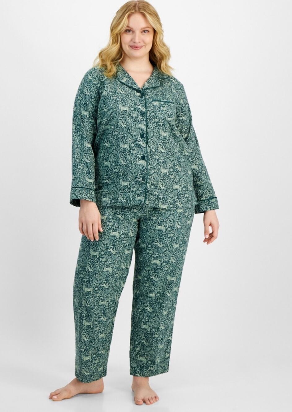 Charter Club Green Paisley Long Sleeve Pajama Set Plus Size 2X Cozy Sleepwear